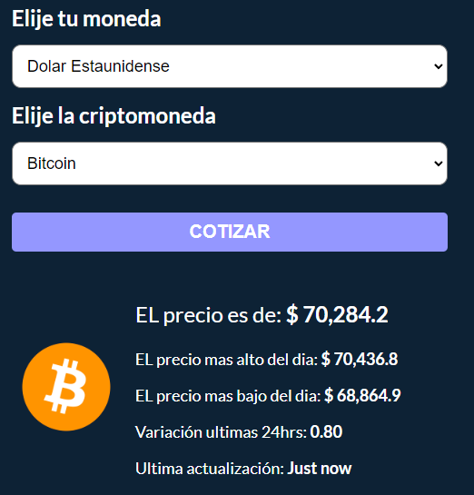 Imagen de pagina web para cotizar criptomonedas